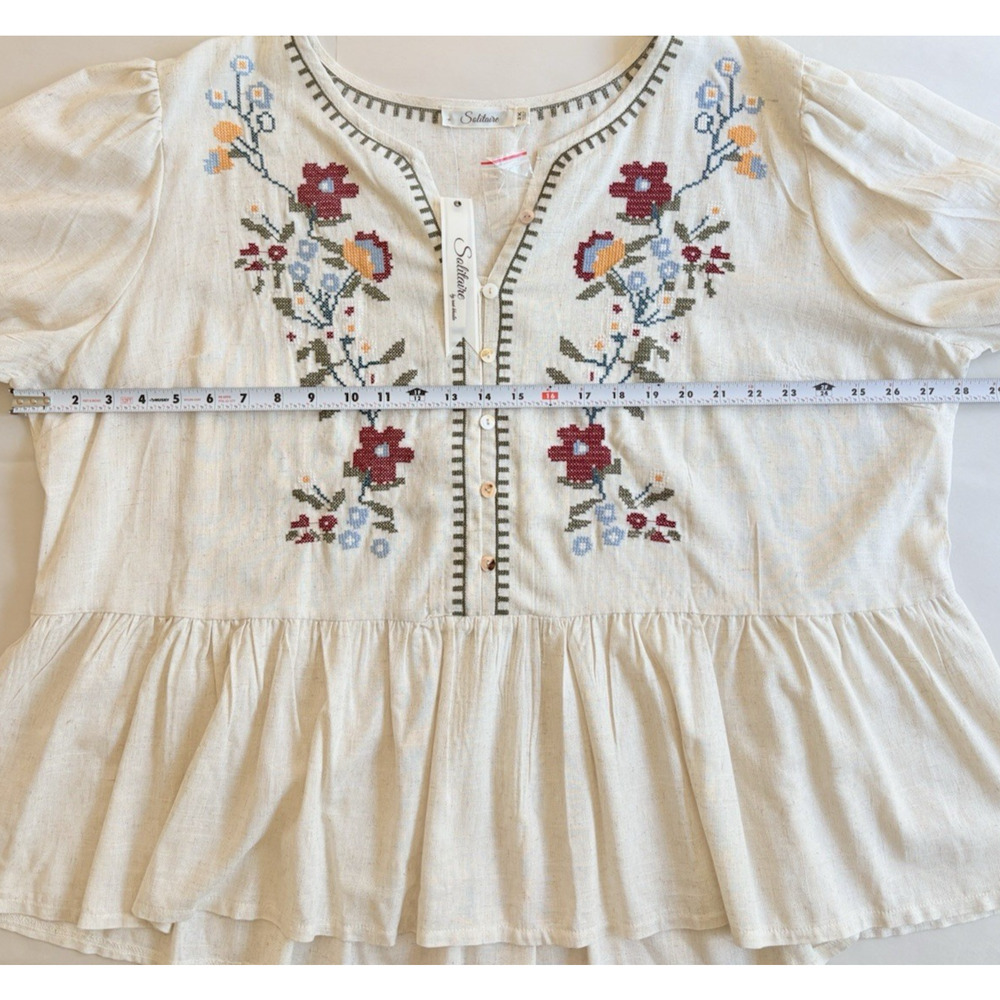 Solitaire Linen Blend Floral Embroidered Popover Peplum Blouse Puff Sleeve 2X - Picture 13 of 15